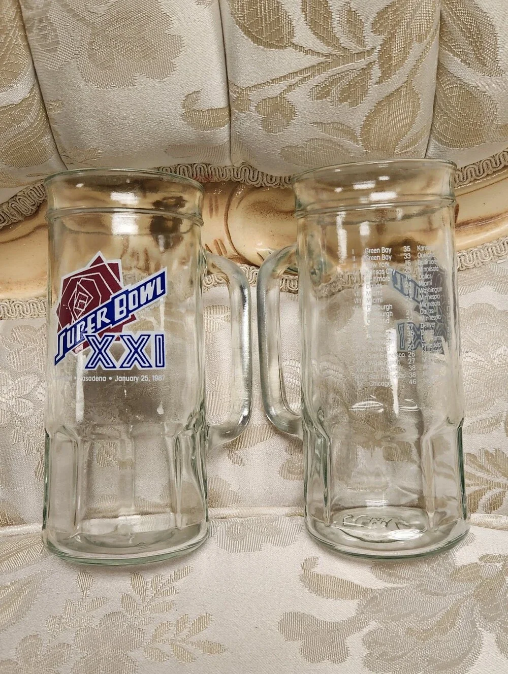 Vintage Super Bowl XXI (21) Glass Mugs, Set Of 2, 1986/7, Pasedena, Fisher, Cup